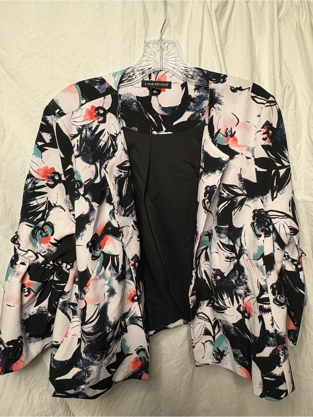 Lane Bryant Floral Brushstroke Open-Front Jacket in Black & White